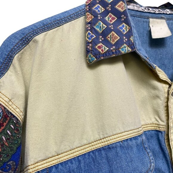 Vintage Denim Shirt Large Patchwork Western Snap Buttons Blue Womens Button Up - Picture 10 of 13